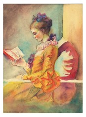 Aquarelle et crayons de couleurs d'après "La liseuse" de Fragonard